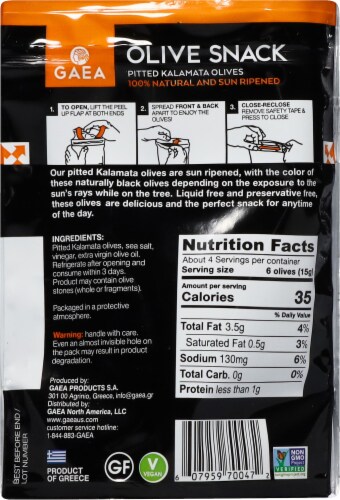 Gaea Pitted Kalamata Olives 100% Natural and Sun Ripened Snack Pouch Perspective: back