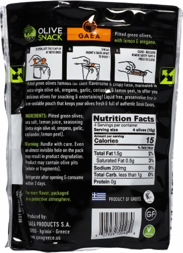 Gaea Pitted Green Olive Snack Pouch Marinated with Lemon & Oregano Perspective: back