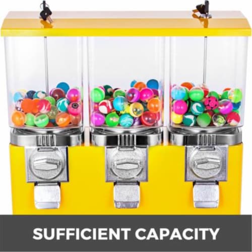 Yellow Triple Bulk Candy Vending Machine Coin Mechanisms Three-Head Dispenser Perspective: back