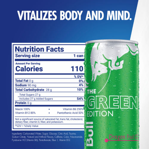 Red Bull® Green Edition Dragon Fruit Energy Drink Multipack Cans Perspective: back