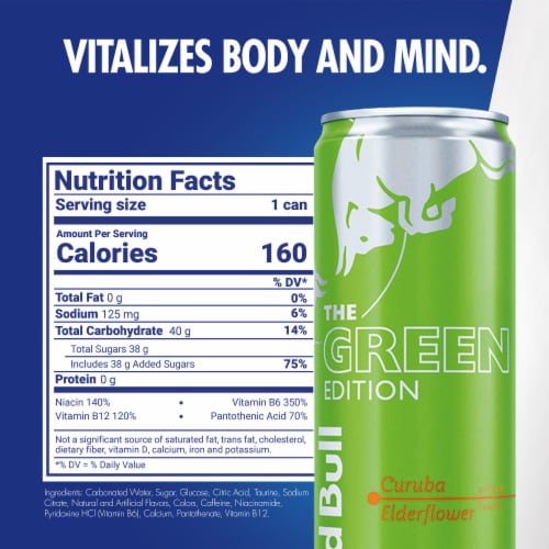 Red Bull Green Edition Curuba Elderflower Energy Drink Cans Perspective: back