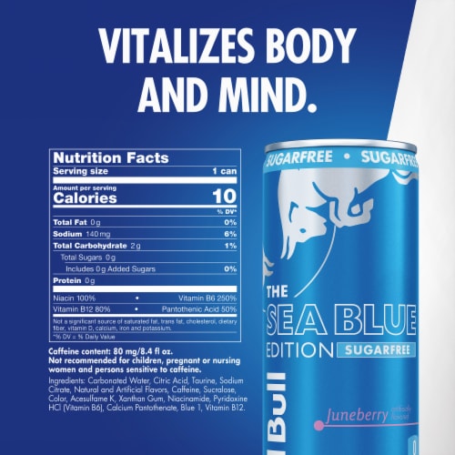 Red Bull Sea Blue Edition Sugar Free Energy Drink Juneberry Can Perspective: back
