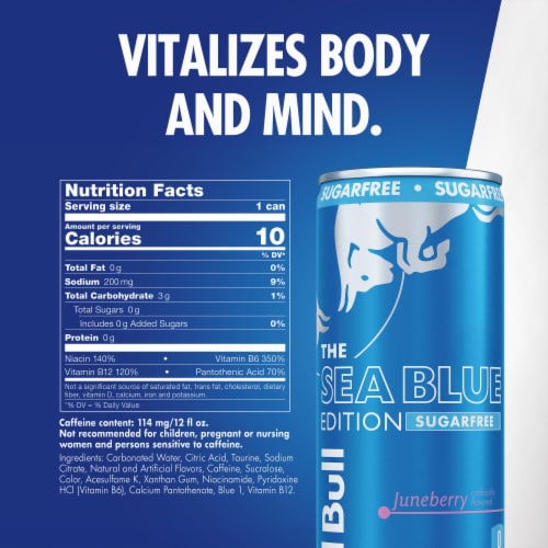 Red Bull Sea Blue Edition Sugar Free Energy Drink Juneberry Cans Perspective: back