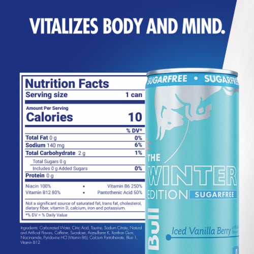 Red Bull Winter Edition Sugar Free Iced Vanilla Berry Energy Drink Can Perspective: back