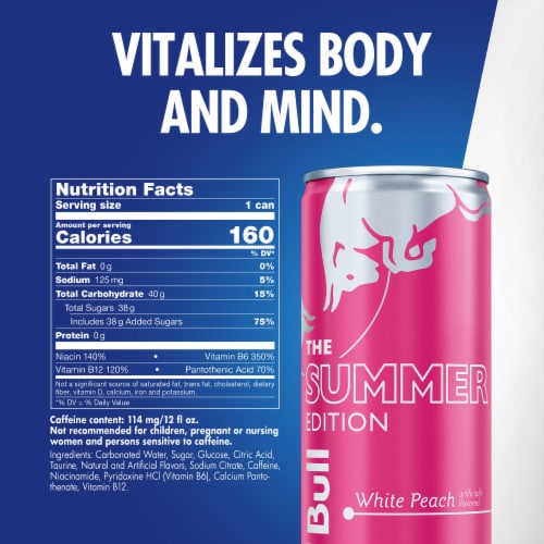 Red Bull Summer Edition Energy Drink White Peach Can Perspective: back