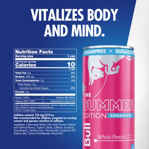 Red Bull Summer Edition Sugarfree Energy Drink White Peach Can Perspective: back