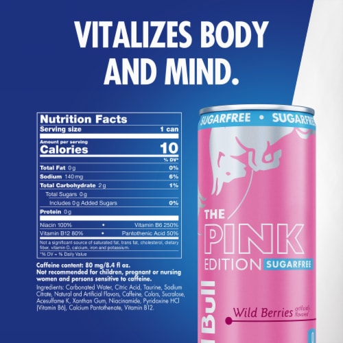 Red Bull Pink Edition Sugar Free Energy Drink Wild Berries Can Perspective: back