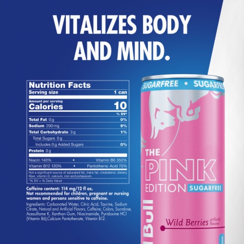 Red Bull Pink Edition Sugar Free Energy Drink Wild Berries Can Perspective: back