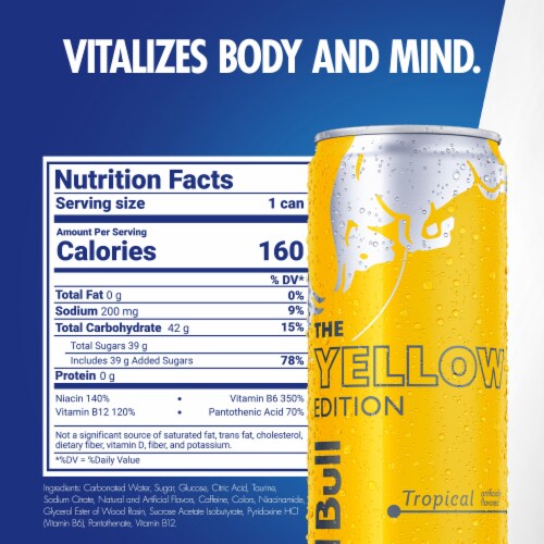 Red Bull® Yellow Edition Tropical Energy Drink Can Perspective: back