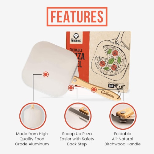 Chef Pomodoro Aluminum Metal Pizza Peel with Foldable Wood Handle for Easy Storage 12" x 14" Perspective: back