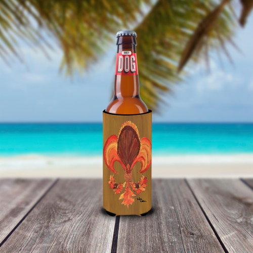 Thanksgiving Turkey and Fall Leaves Fleur de lis Ultra Hugger for slim cans Perspective: back