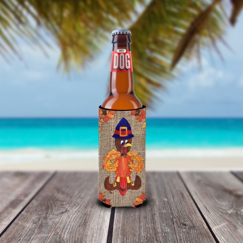 Thanksgiving Turkey Pilgram Fleur de lis Ultra Hugger for slim cans Perspective: back