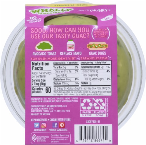 Wholly® Guacamole Family Size Chunky Medium Guacamole Perspective: back