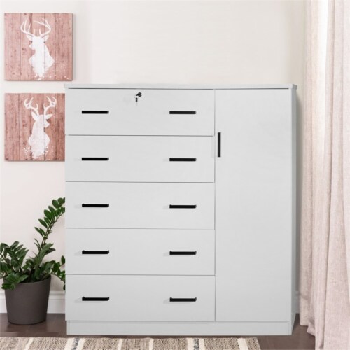 Better Home Products JCF Sofie 5 Drawer Wooden Tall Chest Wardrobe in White Perspective: back