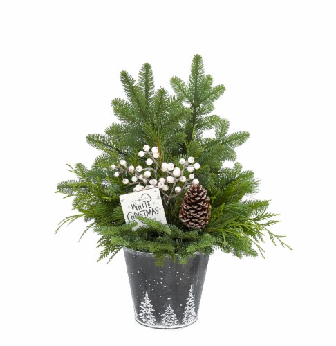 BLOOM HAUS™ Christmas Greenery in Blue Tin Planter Perspective: back