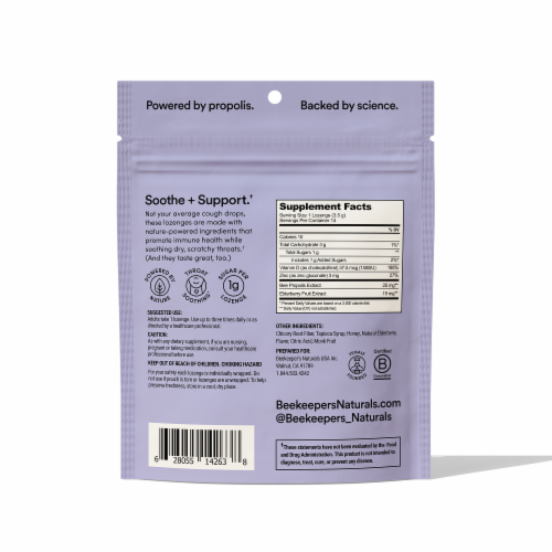 Beekeeper's Naturals B. Soothed Elderberry Lozenges Perspective: back