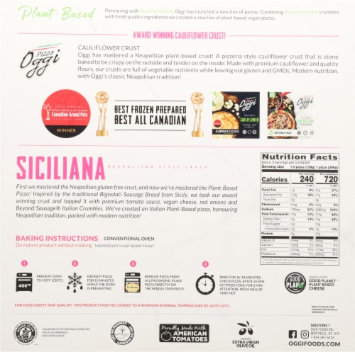 Oggi Plant-Based Siciliana Beyond Italian Sausage Crumbles on Cauliflower Crust Frozen Pizza Perspective: back