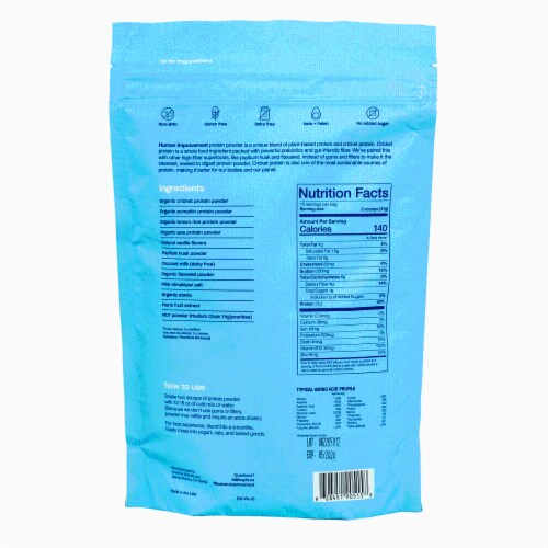 Human Improvement Vanilla Protein Powder Plant Based and Cricket Protein 15 Serving Bag Perspective: back