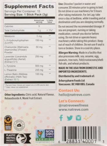 Natreve Honey Lemon Ginger Sleep Peaceful Dietary Supplement Stick Packs Perspective: back