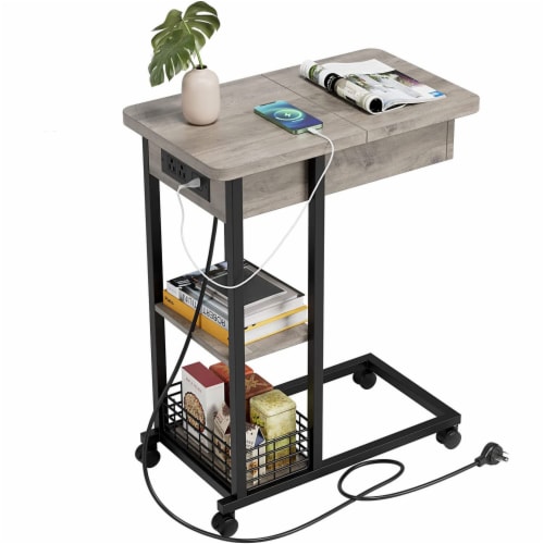 23.62 in. Grey C Shape Wood Top End Table with Charging Station 1