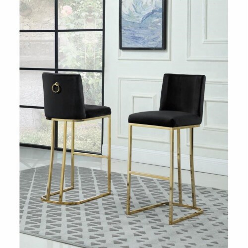 Double Minimalistic Black Velvet Bar Stools with Gold Chrome Legs, 1