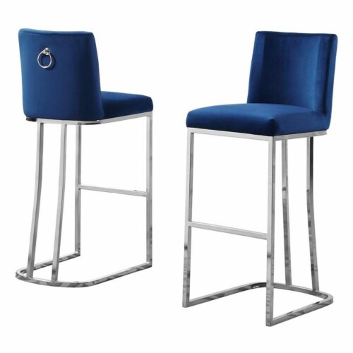 Double Minimalistic Navy Blue Velvet Bar Stools with Chrome Legs and Back Handle 1 Harris Teeter