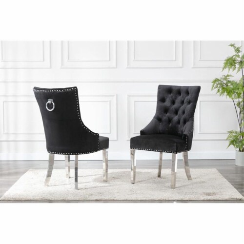 Double Tufted Black Velvet Side Chairs with Silver Stainless Steel