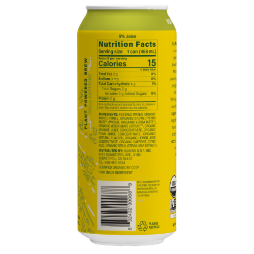 Guayaki Yerba Mate Organic Bravo Mango Ready-to-Drink Can Perspective: back