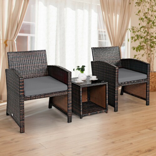 Slickblue 3 Pieces PE Rattan Wicker Furniture Set with Cushion Sofa Coffee Table for Garden Perspective: back