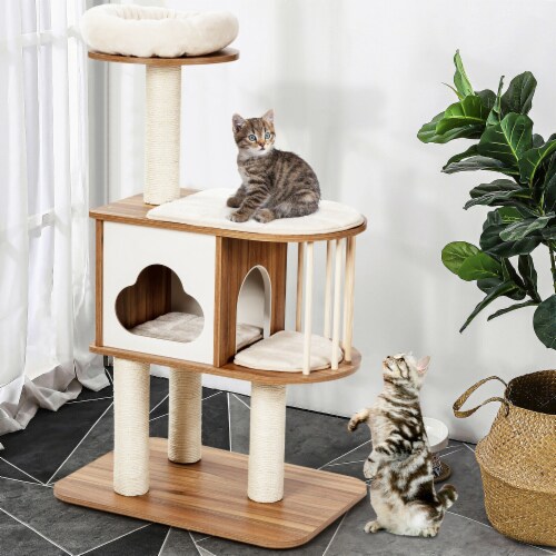 Slickblue 46 Inch Wooden Cat Activity Tree with Platform and Cushions for Cats and Kittens Perspective: back