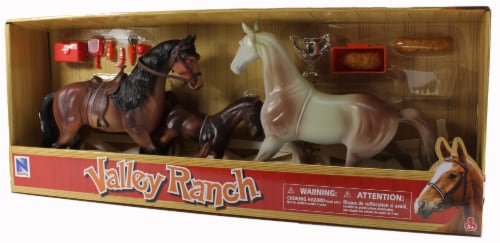 Valley Ranch 3 Horse Assortment (Brown and White) With Fence and Accessories Perspective: back