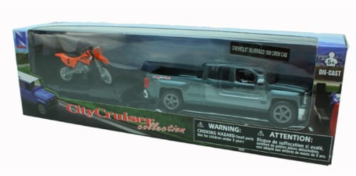 Chevrolet Silverado Die Cast Pick Up w/ Motorcycle Trailer (1:43 Scale) Perspective: back