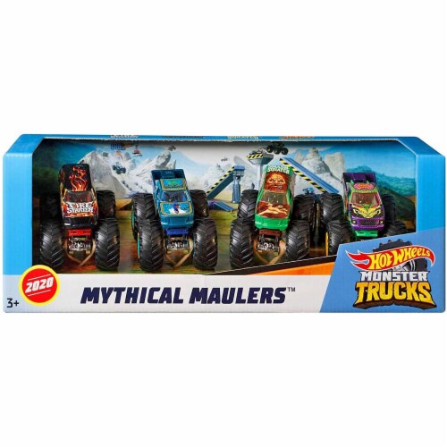 Hot Wheels Monster Trucks 1:64, 4 Pack Mythical Maulers Perspective: back
