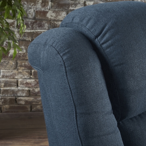 Everette Tufted Navy Blue Fabric Power Recliner with Arm Storage and USB Cord Perspective: back