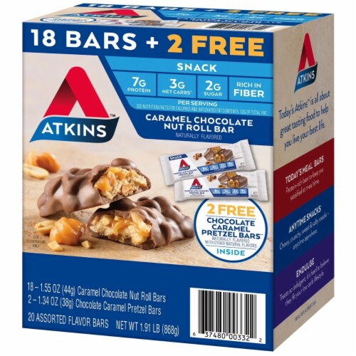 Atkins Chocolate Caramel Nut Roll Snack Bars (18 ct. + 2 Bars) Perspective: back