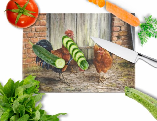 Rooster and Chickens by Daphne Baxter Glass Cutting Board Large Perspective: back