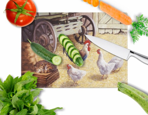 Rooster and Hens Chickens in the Barn Glass Cutting Board Large Perspective: back