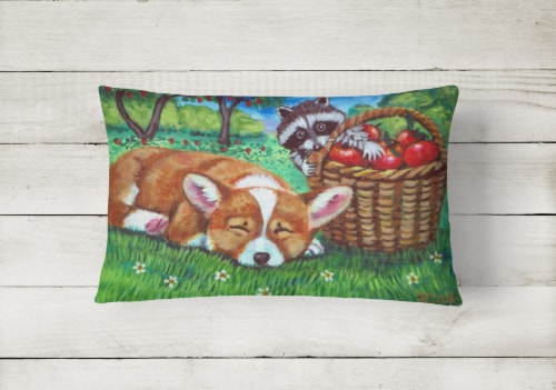 Corgi with the Racoon Apple Thief Canvas Fabric Decorative Pillow Perspective: back