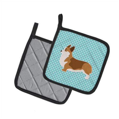 Carolines Treasures BB3720PTHD Corgi Checkerboard Blue Pair of Pot Holders Perspective: back