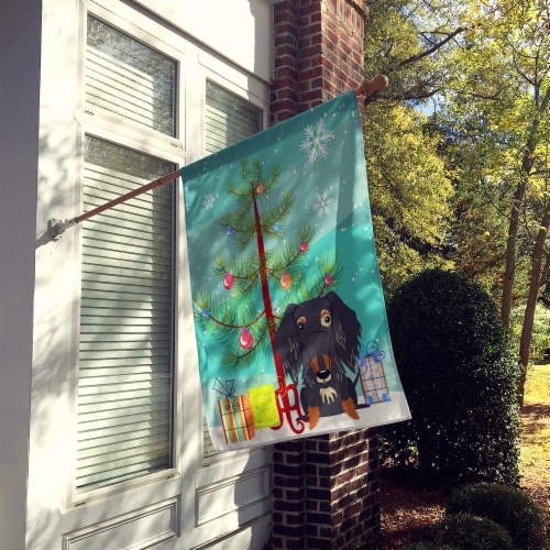 Merry Christmas Tree Wire Haired Dachshund Dapple Flag Canvas House Size Perspective: back