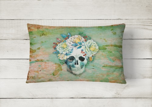 Day of the Dead Skull with Flowers Canvas Fabric Decorative Pillow Perspective: back