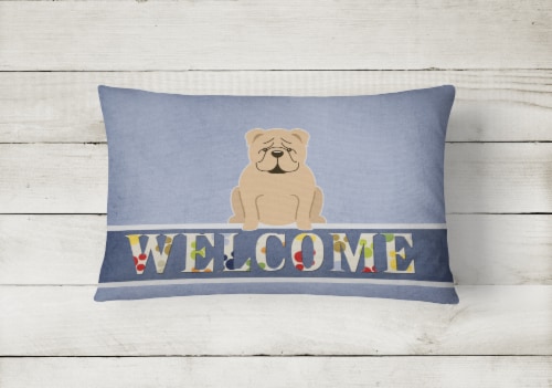 English Bulldog Fawn Welcome Canvas Fabric Decorative Pillow Perspective: back