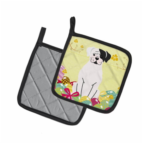 Carolines Treasures BB6114PTHD Easter Eggs White Boxer Cooper Pair of Pot Holde Perspective: back