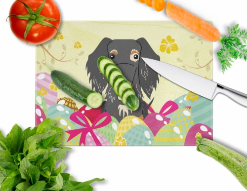 Easter Eggs Wire Haired Dachshund Dapple Glass Cutting Board Large Perspective: back