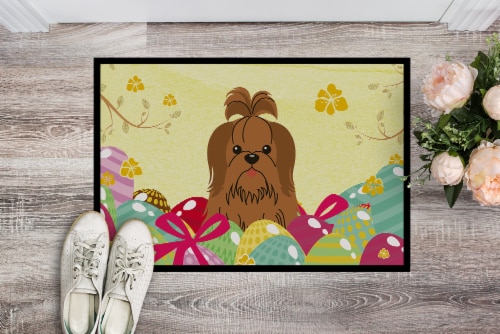 Carolines Treasures BB6086MAT Easter Eggs Shih Tzu Silver Chocolate Doormat 18x Perspective: back
