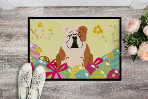 Easter Eggs English Bulldog Fawn White Indoor or Outdoor Mat 18x27 Perspective: back