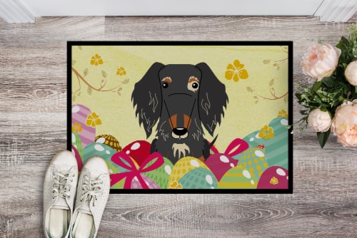 Easter Eggs Wire Haired Dachshund Dapple Indoor or Outdoor Mat 18x27 Perspective: back