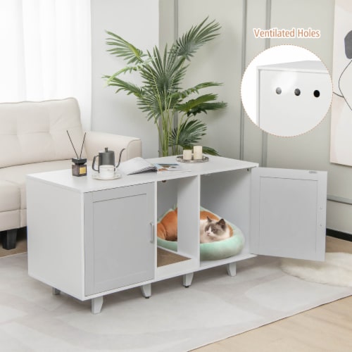 Slickblue 2-Door Cat Litter Box Enclosure with Winding Entry and Scratching Board Perspective: back