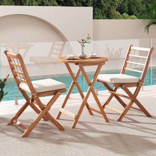 Slickblue Outdoor 3 Piece Acacia Wood Bistro Set with Cushions for Backyard Perspective: back