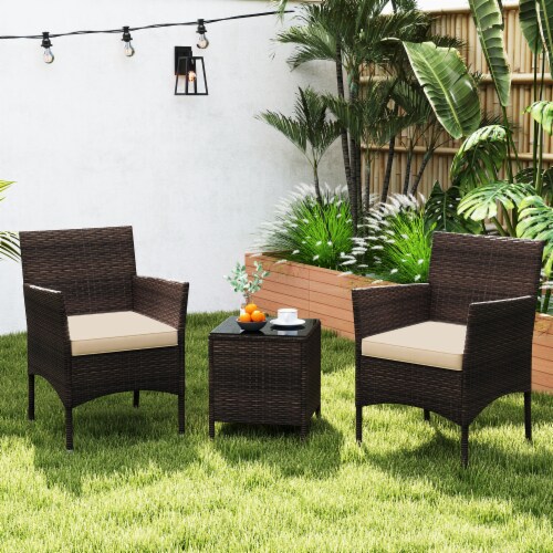 Slickblue 3 Piece Patio Conversation Set Cushioned Seats Glass Top Table for Outdoors Perspective: back